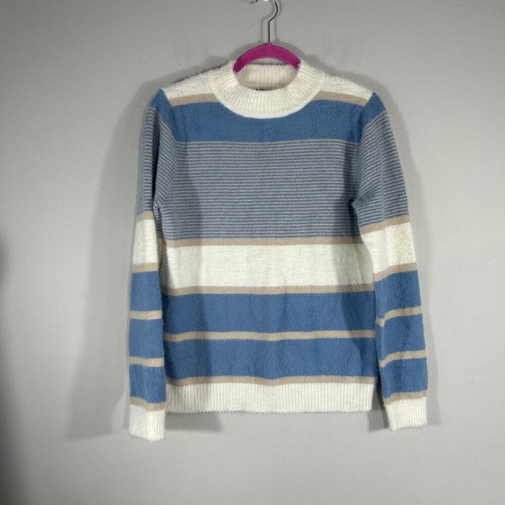 Fate Womens M Mock Neck Long Sleeve Fuzzy Pullover Sweater Multicolor Stripes